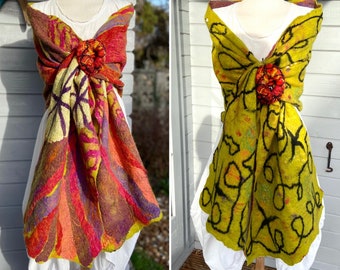 Colourful nuno  felted shawl, vibrant felted wool scarf, red, orange  purple, green wool scarf, Art to Wear, OOAK