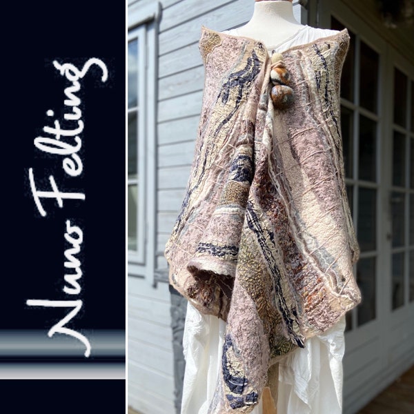 Nuno felted Beige, cream & grey shawl,  beige nuno felted scarf,  neutral scarf, luxury wrap, gift for mom, gift for her, art to Wear