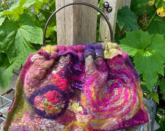 Hand felted handbag - felted purse - purple pink green -  nuno felted wool silk linen purse handbag ..evening bag