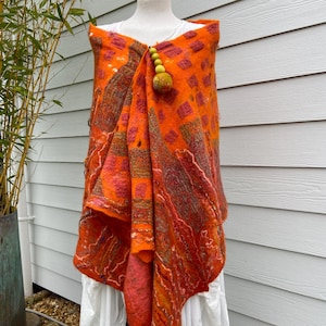 Orange Nuno Felted Wrap: Terracotta Wool Shawl, Statement Scarf