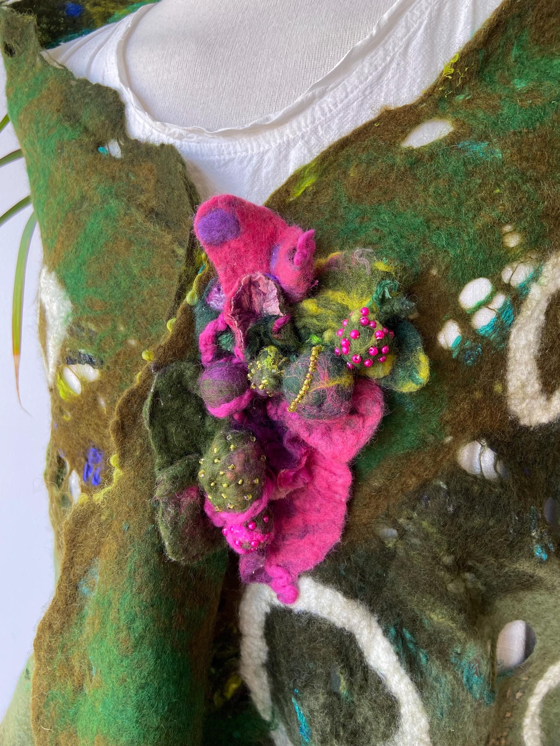 Shibori Felted Wool Brooch: Green & Pink Fiber Art Pin