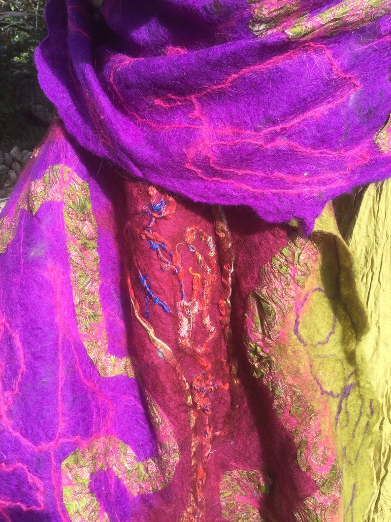 Purple felted wool collage shawl ecofashion chartreuse green Etsy