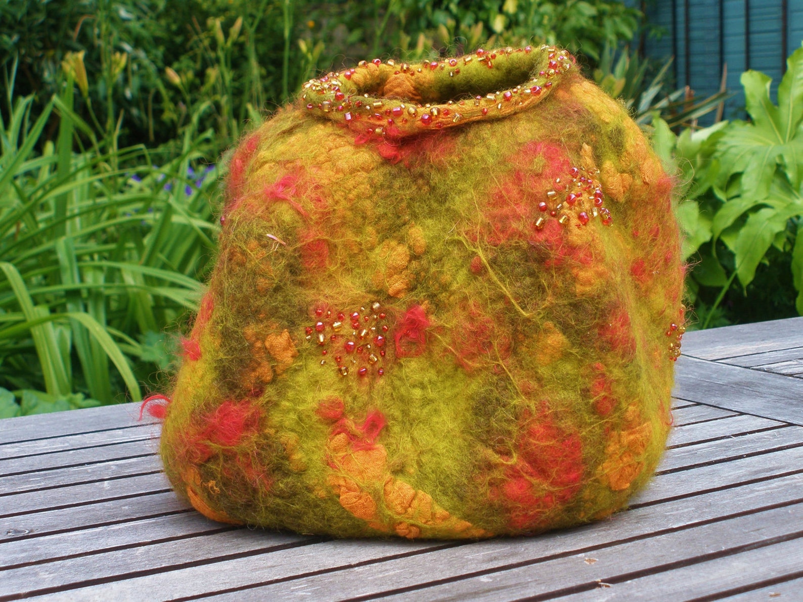 Felted wool vase vessel basket green orange red with Etsy