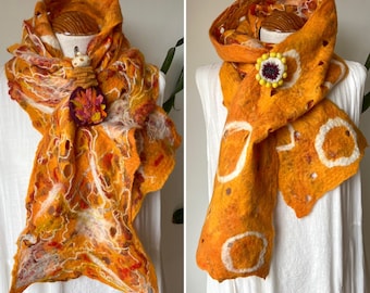 Gold and white cobweb felted wool scarf, orange wool scarf, yellow cobweb scarf, art to wear, hand felted wool scarf,