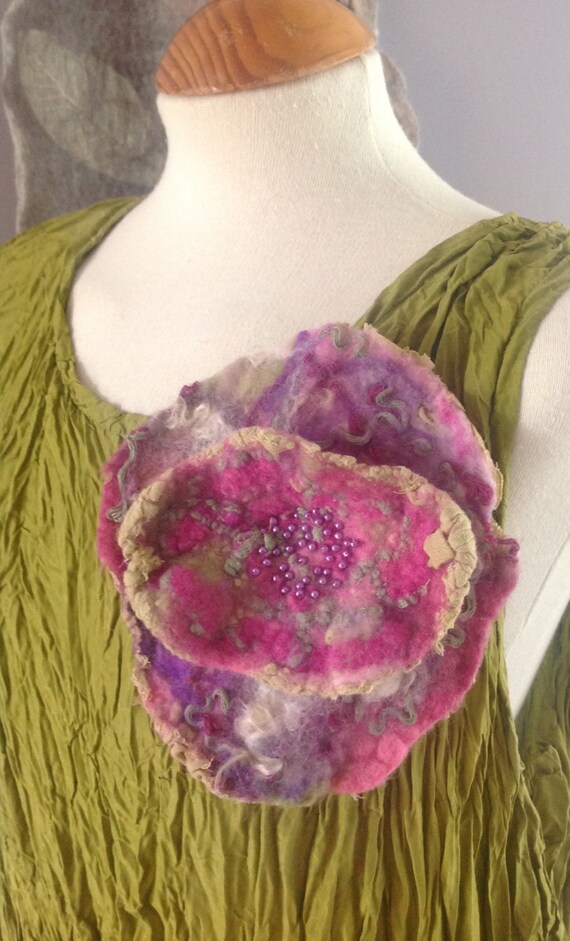 pink green lagenlook Purple nuno felted wool /& silk brooch pin Mothers Day Unique quirky gifts artsy