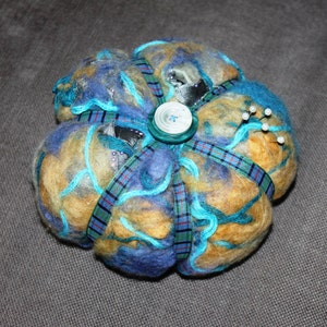 Nuno felted  pin cushion,  pincushion, large blue pincushion, gift for stitchers, blue wool pin cushion, felted wool pincushion