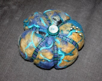 Nuno felted  pin cushion,  pincushion, large blue pincushion, gift for stitchers, blue wool pin cushion, felted wool pincushion