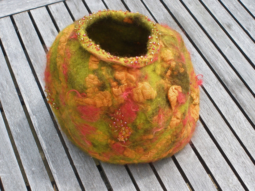 Felted Wool Vase Vessel Basket Green Orange Red With Metallic Beading