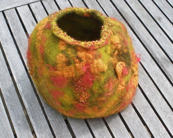 Felted wool vase vessel basket - green orange red with metallic beading - fiber art wedding gift