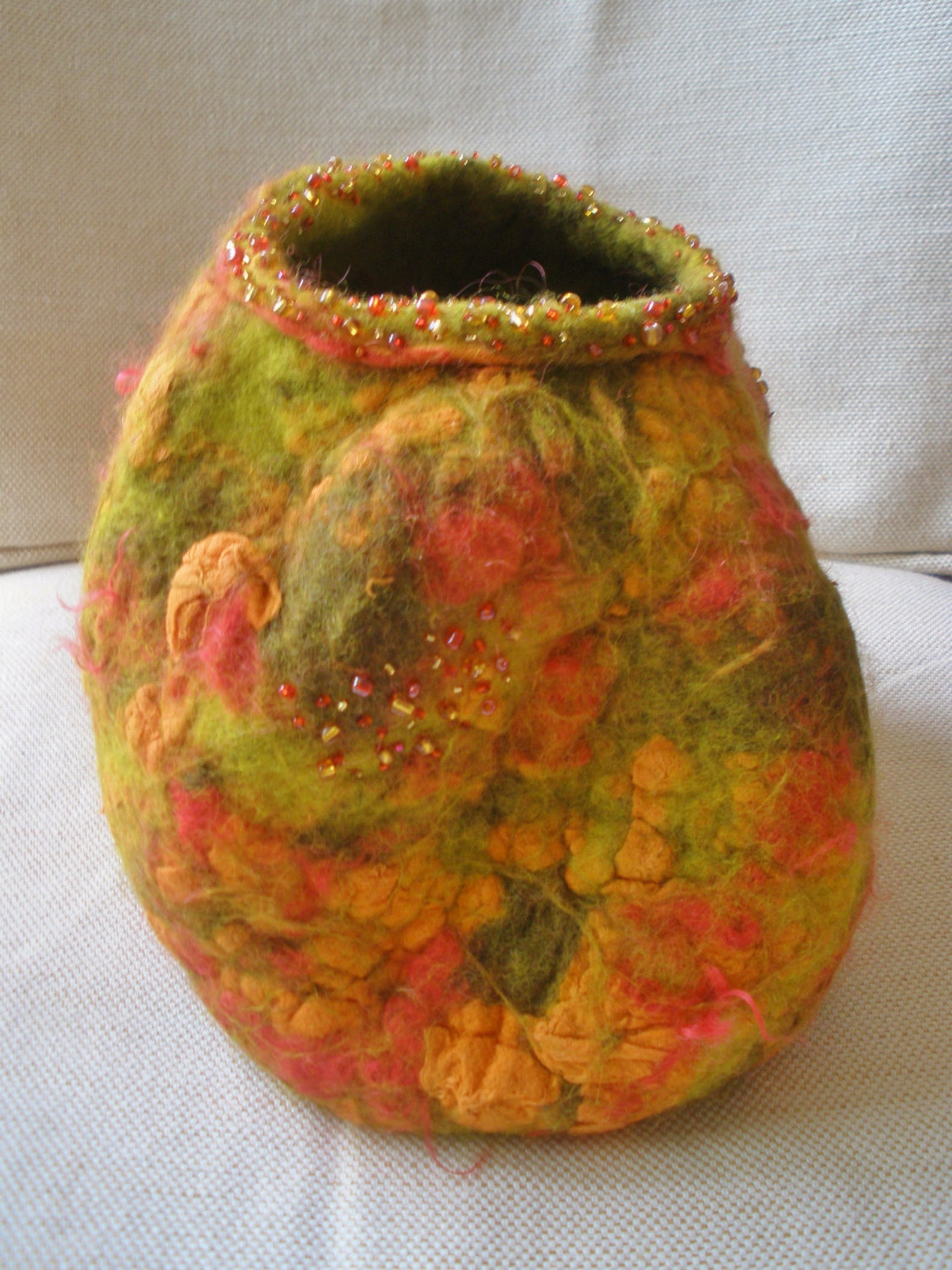 Felted wool vase vessel basket green orange red with Etsy