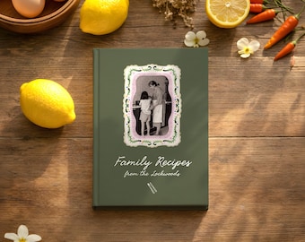 Folk Family Photo Recipe Book, Cozy Green Personalized Custom Name Journal, Notebook Chef Kitchen Baker Couple Wedding Anniversary Gift Cook