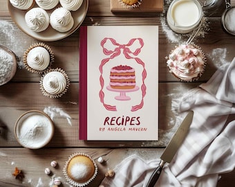 Cake & Bow Recipe Book, Pink Coquette Personalized Custom Name Journal, Notebook, Family Chef Kitchen Baker Gift for Her Mom Grandma Wife