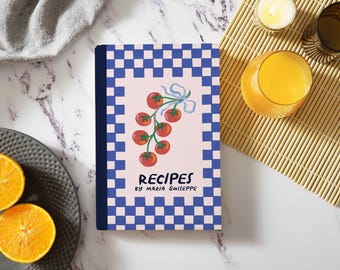 Retro Checkerboard Cookbook, Tomato Personalized Custom Recipe Name Journal, Family Chef Notebook, Blue Kitchen Gift for Her Mom Grandma