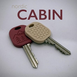 Peut inclure: Deux clés décoratives avec le texte "nordic CABIN". L'une est bordeaux avec un motif de montagne et d'arbres, l'autre est beige avec un motif géométrique. Les deux clés ont des lames en métal argenté.