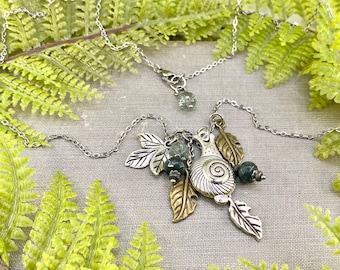Snail Forest Leaves Green Garden Wood Charm Necklace