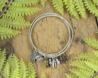 Zen Lotus Buddha Blue Pearl Guitar String Stretch Coil Spring Stainless Steel Bracelet Bangle