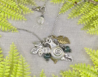 Snail Forest Leaves Green Garden Wood Charm Necklace