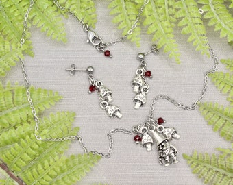 Red Toadstool Amanita Gnome Cottagecore Forest Mushroom CharmNecklace Earrings Set