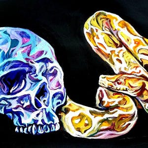 May include: A colorful painting of a human skull and a snake. The skull is blue and purple, while the snake is yellow and orange. The snake is wrapped around the skull, and its head is near the skull's mouth.