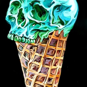 Cone de esqueleto de morango e menta, pintura acrílica original, 28 x 75 cm