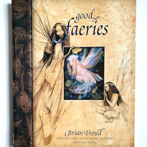 May include: A book cover for "good faeries" featuring illustrations of fairies. The cover has a central image of a fairy with translucent wings, surrounded by other fairy illustrations. The author's name, Brian Froud, is also visible.