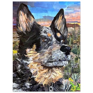 Collage Print eines Australian Cattle Dogs/Blue Heeler | Wandbild Wüstenlandschaft mit Hund | Blau Heeler Poster Print
