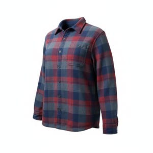 May include: A long-sleeved flannel shirt in a classic plaid pattern. The shirt features a button-down front, a chest pocket, and a collar. The plaid design incorporates red, navy blue, and gray hues, creating a warm and versatile garment.