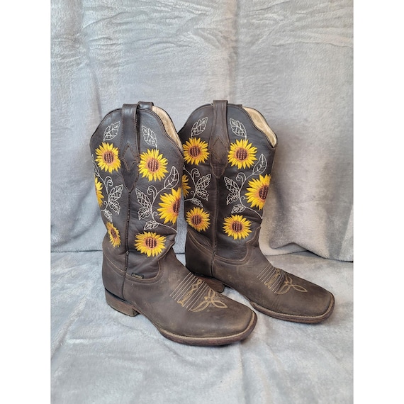 Cruzalta Sunflower Embroidered Western Cowboy Boots 7.5 Brown Leather Square Toe