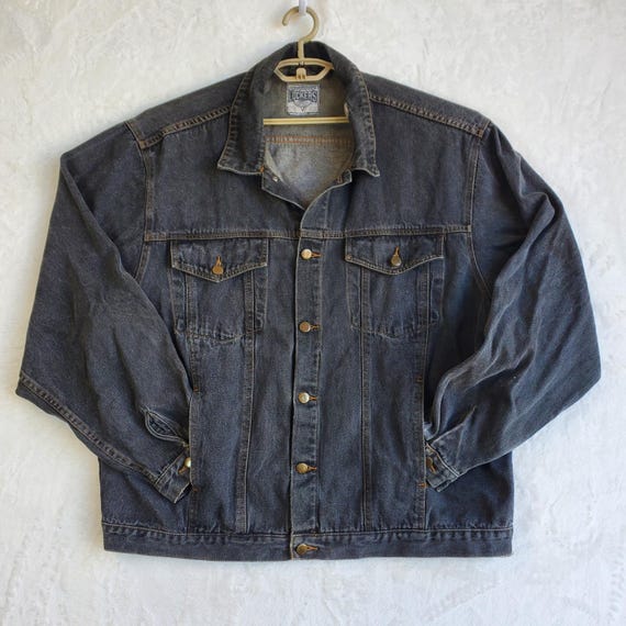 Vtg Lockers Corzini Black Denim Trucker Jacket 90s Grunge 2X Biker Rocker Moto