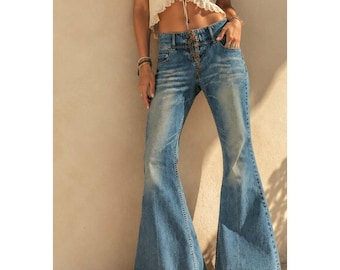 Vintage Silber Schlag Jeans Y2K Boho Festival Schnürer Fliege Hippie Größe 34x35