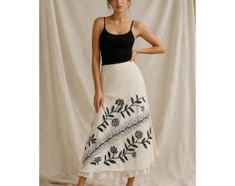 Gonna vintage Carole Little in misto lino, elegante e ricamata, stile cottage senza tempo, taglia 8