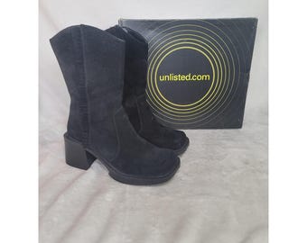 Vtg Unlisted Kenneth Cole Black Square Toe Boots 6.5 Western Biker Cowgirl Suede