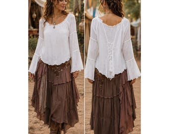 Top bohemio de gasa de algodón para feria renacentista, estilo vintage, con cordones en la espalda y mangas acampanadas, talla 14.