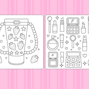 以下が含まれることがあります： イチゴと星のタンブラーと化粧品のコレクションの白黒線画イラスト。タンブラーにはパールのストラップが付いています。化粧品には、口紅、香水、アイシャドウが含まれます。