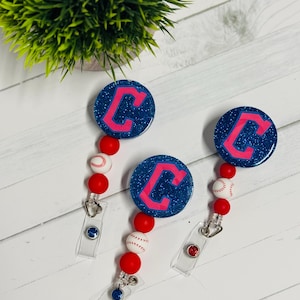 Baseball-inspirierte Glitter Badge Reel Cleveland Baseball Ausweishalter Nurse ID Reel Sport Perlen ID Badge