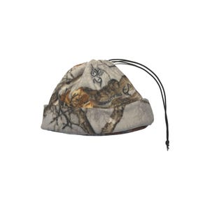May include: A camouflage beanie hat with a drawstring closure. The hat features a pattern of brown, gray, and white, resembling a forest. The hat is made of a soft material and is designed to be worn on the head.