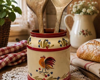 Porte-ustensiles de cuisine vintage Avon en forme de coq avec couverts à salade en bois