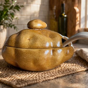 Peut inclure: Une soupière en céramique brun doré avec un couvercle et une cuillère assortie. La soupière a une surface texturée et une forme arrondie, reposant sur un dessous de plat tissé. L'arrière-plan comprend une plante, une planche à découper et une fenêtre.