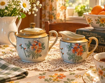 Vintage suikerpot en melkkannetje set, gemaakt in Japan