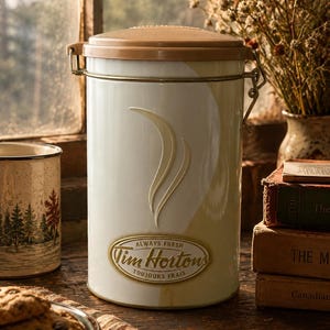 May include: A cylindrical white and cream-coloured metal storage canister with a tan lid and a metal latch closure. The front features an embossed steam design and a gold oval logo with the text "ALWAYS FRESH Tim Hortons TOUJOURS FRAIS".