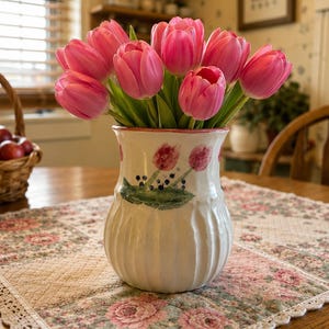 Peut inclure: Un vase en céramique blanche avec des côtés cannelés verticaux et un motif de tulipes peint à la main, rempli d'un grand bouquet de tulipes roses éclatantes. Le vase présente un bord évasé et un corps arrondi, avec des tiges et feuilles vertes.