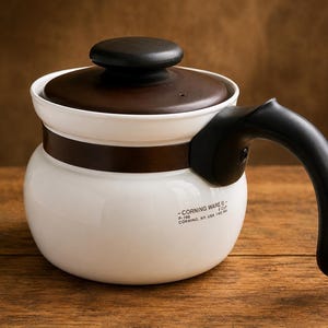 May include: A white Corning Ware saucepan with a dark brown lid and a black handle. The side of the pot features black text that reads: - CORNING WARE - P-166 8 CUP CORNING, NY, USA 1183 MA. The pot has a rounded body and a smooth, glossy finish.