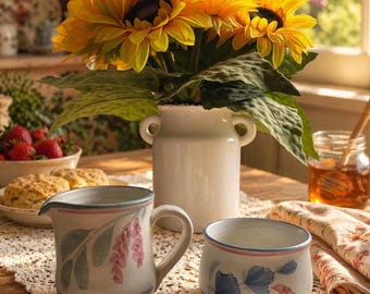 Juego de jarro para crema y azucarero de cerámica vintage de Coyote Hill