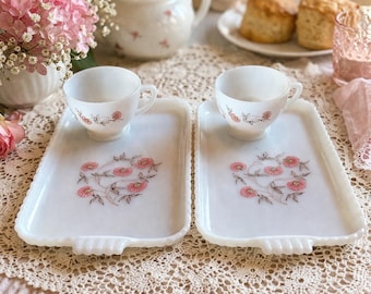 Fire King Snack Set for Two Vintage Milk Glass Pink Floral Tea Trays & Cups