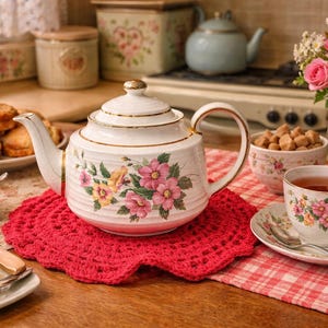 May include: A vintage tea set featuring a white teapot adorned with pink floral patterns, placed on a red crocheted mat. The scene includes a teacup, scones, jam, and a vase of roses, creating a classic afternoon tea ambiance.