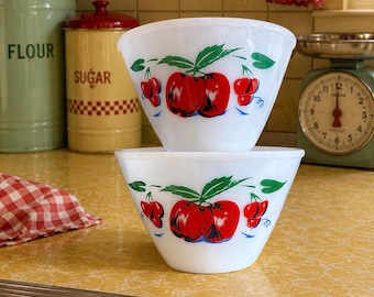 Vintage Fire-King Apples and Cherries Mixing Bowls Set of 2