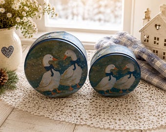 Vintage Blue Ribbon Bow Snow Geese Nesting Tins Set of 2