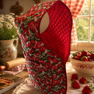 Peut inclure: Une housse d'appareil de cuisine matelassée avec un motif de fraises rouges éclatantes sur fond blanc, agrémenté de feuilles vertes et de petites fleurs blanches. L'intérieur est doublé de tissu rouge uni et les bords sont bordés de biais rouge.