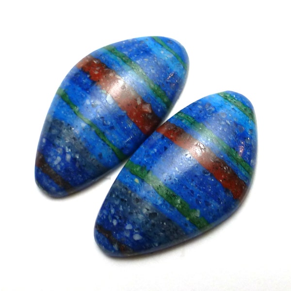 Rainbow Cal Silica Cabochon Pair Two Free Form Beautiful Color Striations Striped False Fordite Designer Handcut Jewelry Red Yellow Red Blue