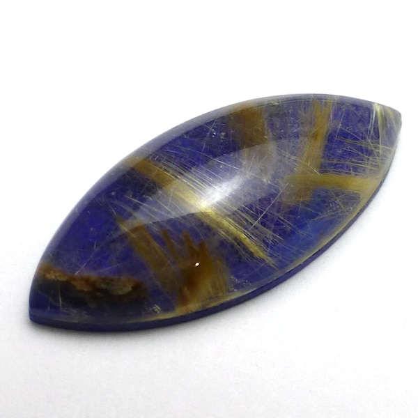 6.655 Carats Rutilated Quartz and Lapis Lazuli Doublet Cabochon Bright intense Deep Blue backing with Rich golden rutile strands in Quartz